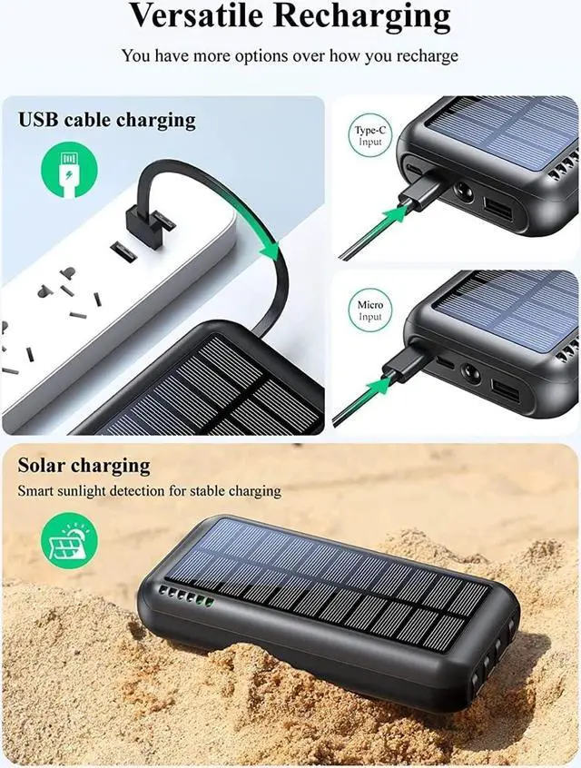 Alt view image 5 of 7 - Power-Bank-Solar-Portable-Charger - 40000mAh Power Bank Large Capacity Built in 3 Output and 1 Input Cables and Flashlight 5V3.1A Fast Charger Compatible with All Smart Phones and Devices