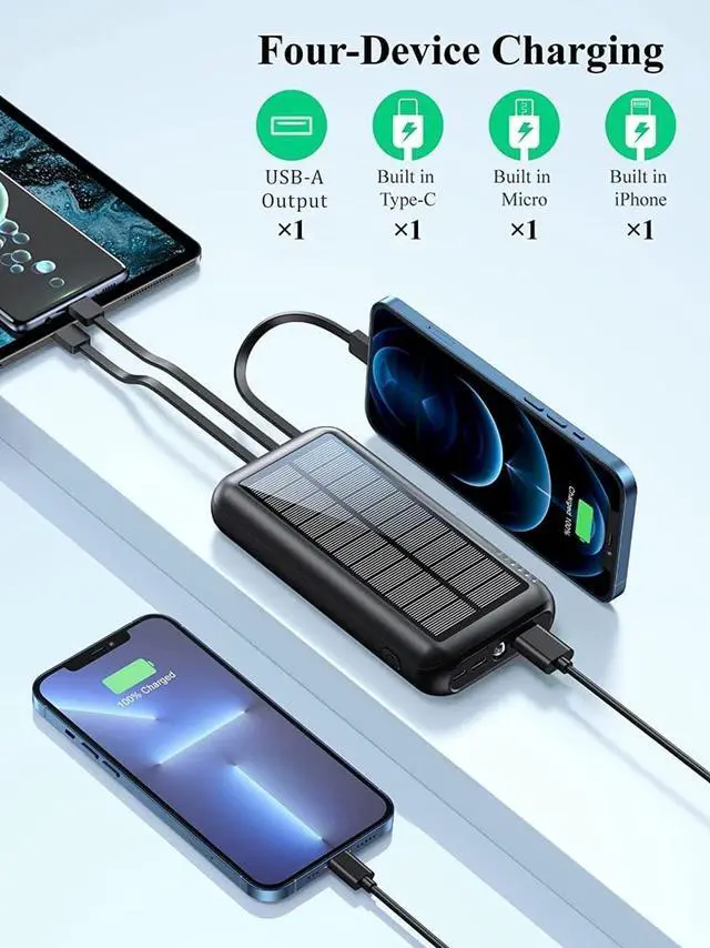 Alt view image 3 of 7 - Power-Bank-Solar-Portable-Charger - 40000mAh Power Bank Large Capacity Built in 3 Output and 1 Input Cables and Flashlight 5V3.1A Fast Charger Compatible with All Smart Phones and Devices