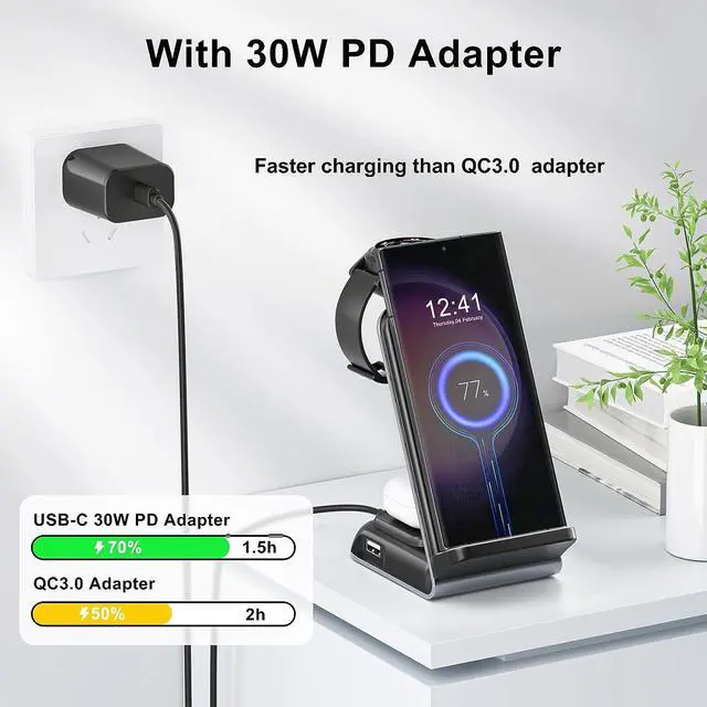 Alt view image 3 of 6 - Wireless Charging Station for  - Fast Charging Wireless Charger for Galaxy S23 Ultra/S23/S23+/Z Flip/Fold 5/4/3/iphone/Android Phones Galaxy Watch 6/5 Pro/5/4/3 & Buds.(with 30W PD Adapter)