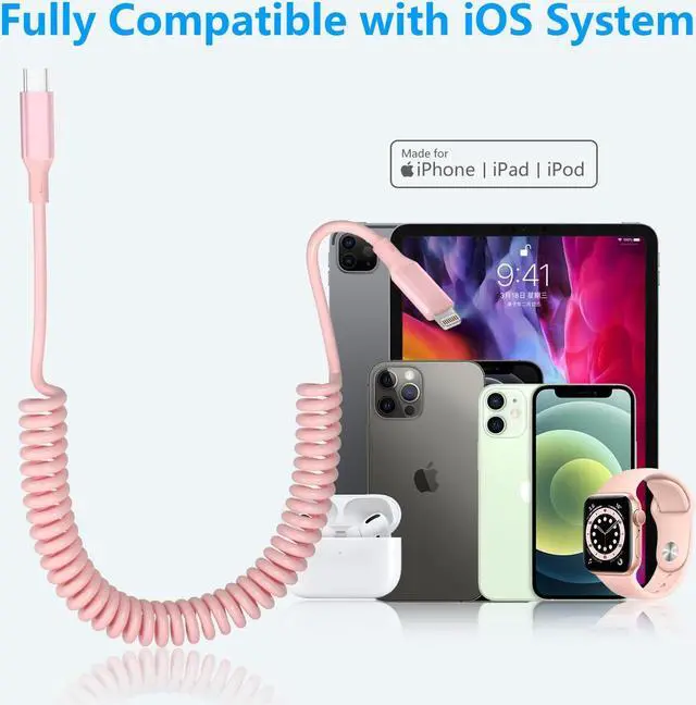 Alt view image 5 of 7 - Coiled iPhone Lightning Cable Apple Carplay Cord, MFi Certified 3FT USB C to Lightning Car Charger Cable Pink Short Curly with Data Sync, for iPhone 14 13 12 11 Pro Max Plus Mini SE XS XR X 8 7 6 5