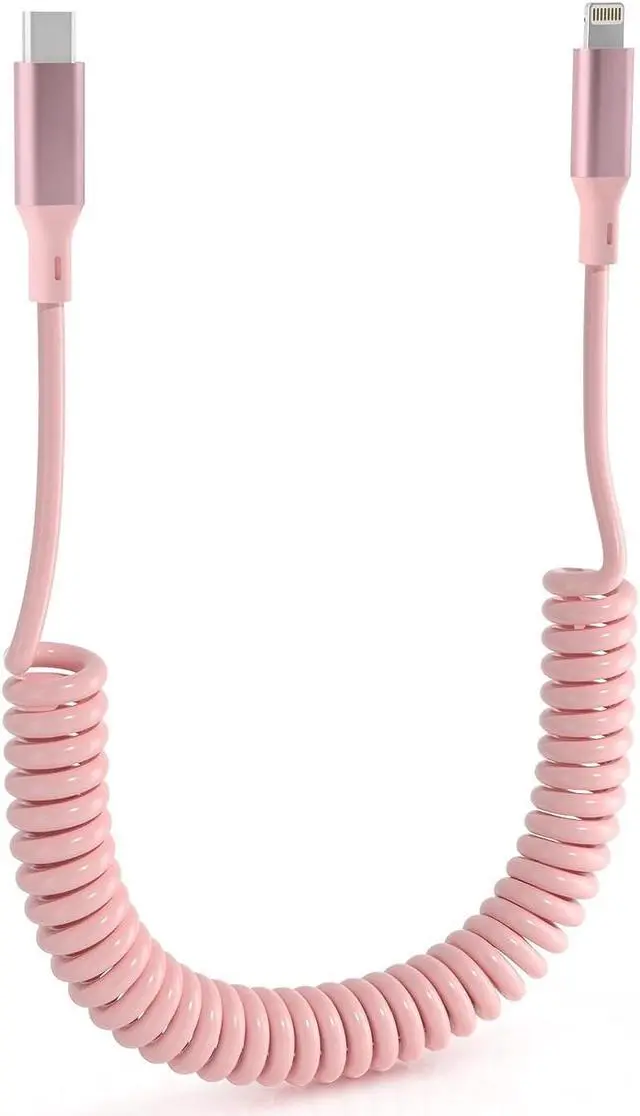 Main image of Coiled iPhone Lightning Cable Apple Carplay Cord, MFi Certified 3FT USB C to Lightning Car Charger Cable Pink Short Curly with Data Sync, for iPhone 14 13 12 11 Pro Max Plus Mini SE XS XR X 8 7 6 5