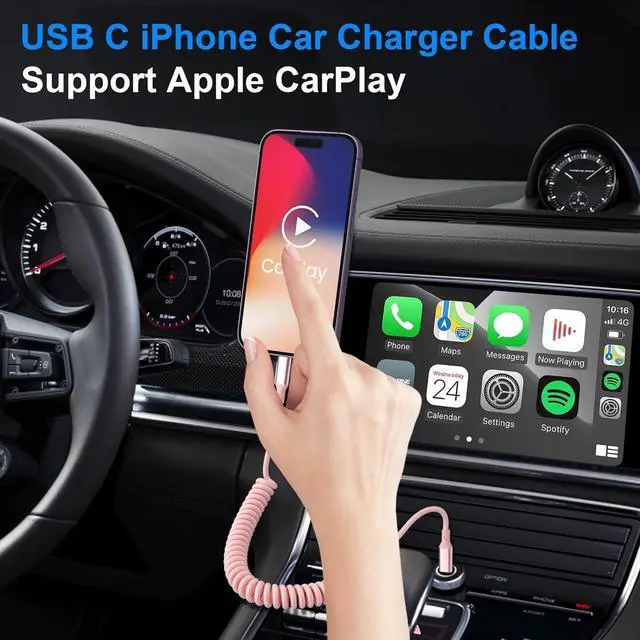Alt view image 2 of 7 - Coiled iPhone Lightning Cable Apple Carplay Cord, MFi Certified 3FT USB C to Lightning Car Charger Cable Pink Short Curly with Data Sync, for iPhone 14 13 12 11 Pro Max Plus Mini SE XS XR X 8 7 6 5