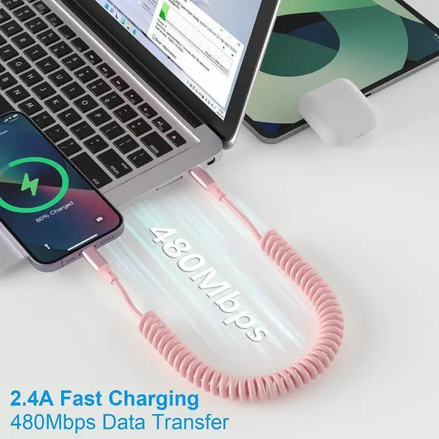 Alt view image 3 of 7 - Coiled iPhone Lightning Cable Apple Carplay Cord, MFi Certified 3FT USB C to Lightning Car Charger Cable Pink Short Curly with Data Sync, for iPhone 14 13 12 11 Pro Max Plus Mini SE XS XR X 8 7 6 5