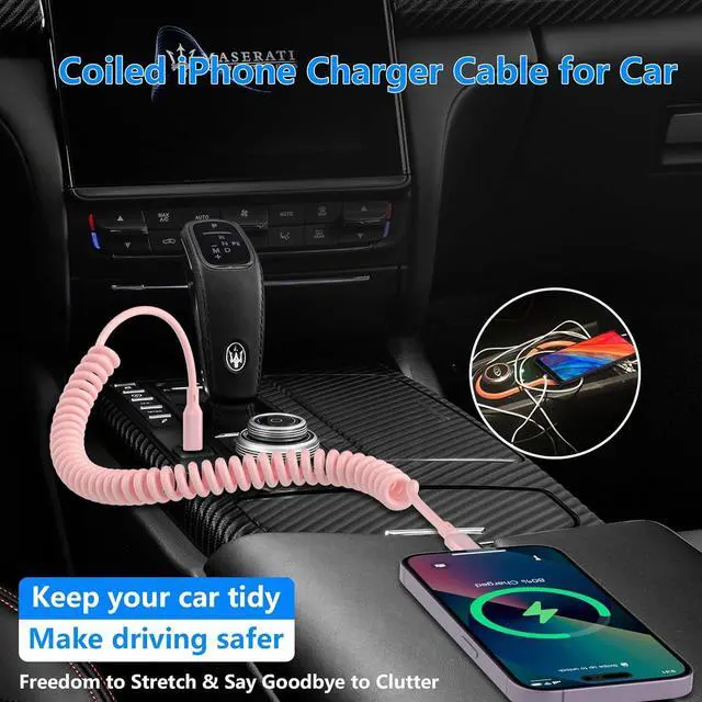 Alt view image 6 of 7 - Coiled iPhone Lightning Cable Apple Carplay Cord, MFi Certified 3FT USB C to Lightning Car Charger Cable Pink Short Curly with Data Sync, for iPhone 14 13 12 11 Pro Max Plus Mini SE XS XR X 8 7 6 5