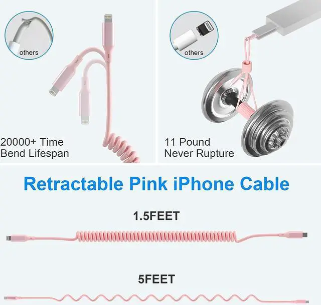 Alt view image 7 of 7 - Coiled iPhone Lightning Cable Apple Carplay Cord, MFi Certified 3FT USB C to Lightning Car Charger Cable Pink Short Curly with Data Sync, for iPhone 14 13 12 11 Pro Max Plus Mini SE XS XR X 8 7 6 5
