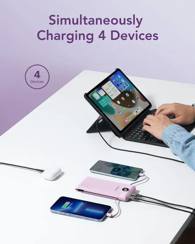 Alt view image 4 of 7 - Portable Charger for iPhone Built in Cables and Wall Plug 10000mah Slim Fast Charging USB C Power Bank Travel Essential Battery Pack Compatible with iPhones iPad  More Devices(Purple)