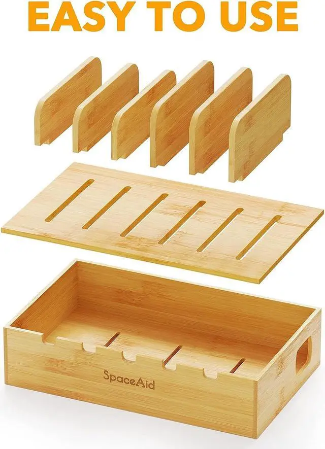 Alt view image 5 of 7 - Bamboo Charging Station for Multiple Devices Cell Phone Docking Stations for Multi Laptop Tablets and iPads Nightstand Bedside Desk Device Charger Organizer (Natural)