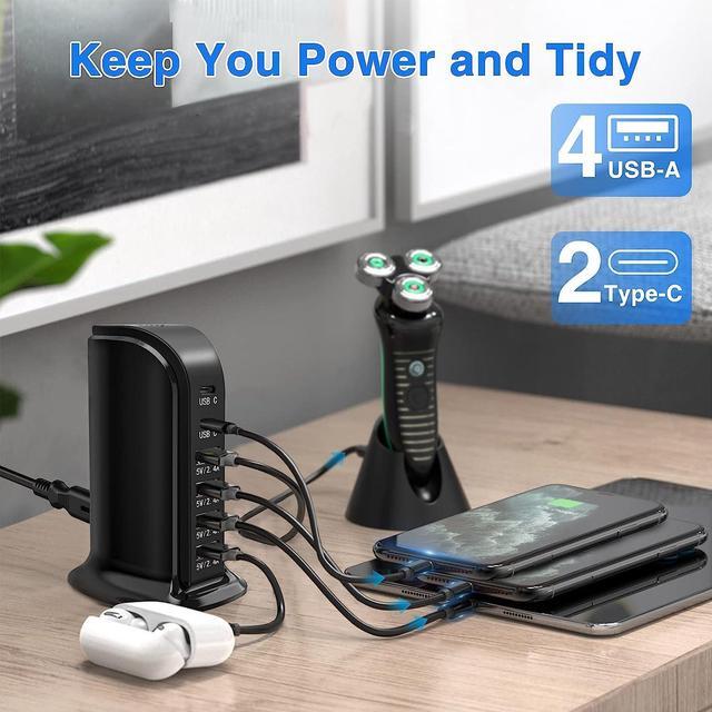 Alt view image 2 of 6 - USB Charger Block RISWOJOR, 40W 6-Port USB Charging Station with Auto Detect Technology Safety, USB Multiport Charger Tower with Type-C 3A for Smartphone Tablet and Multiple Devices