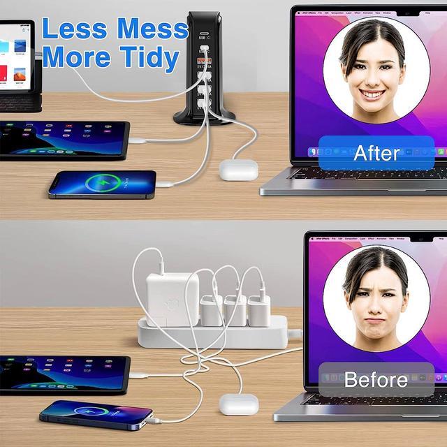 Alt view image 3 of 6 - USB Charger Block RISWOJOR, 40W 6-Port USB Charging Station with Auto Detect Technology Safety, USB Multiport Charger Tower with Type-C 3A for Smartphone Tablet and Multiple Devices