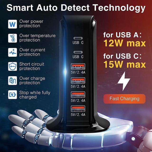 Alt view image 4 of 6 - USB Charger Block RISWOJOR, 40W 6-Port USB Charging Station with Auto Detect Technology Safety, USB Multiport Charger Tower with Type-C 3A for Smartphone Tablet and Multiple Devices