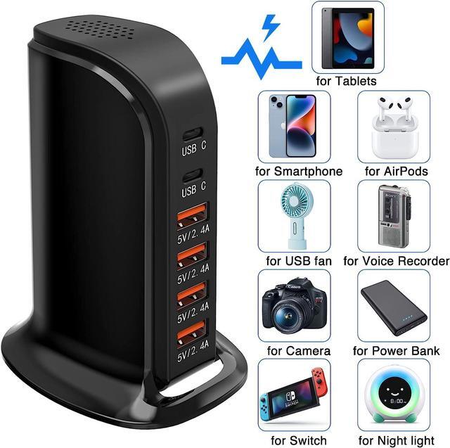 Alt view image 6 of 6 - USB Charger Block RISWOJOR, 40W 6-Port USB Charging Station with Auto Detect Technology Safety, USB Multiport Charger Tower with Type-C 3A for Smartphone Tablet and Multiple Devices