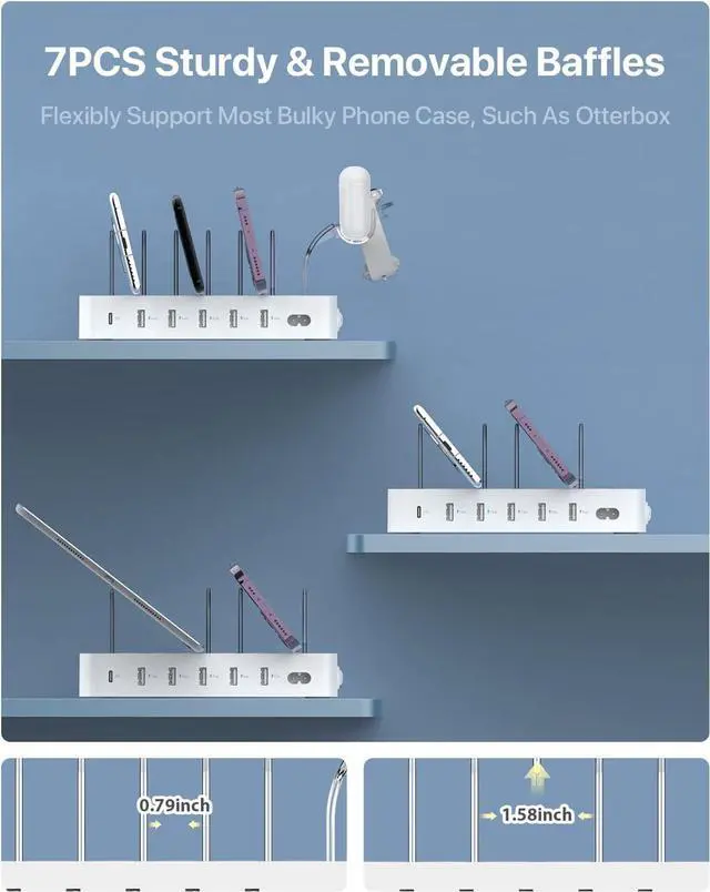 Alt view image 4 of 7 - SooPii 60W 6-Port Charging Station for Multiple Devices PD 20W USB C Fast Charging for lPhone 14/13/12 6 Short Cables Included 2 in 1 Holder for Phones Tablets and Others White