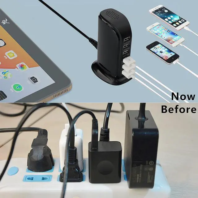 Alt view image 3 of 7 - 6-Port USB Wall Charger Desktop Charging Station Quick Charge,Compatible with lphone15, 14,13, 12, 11, XS, XR, X, SE, 8, 7, Ipads, Samsung Galaxy, Tablets and Other Electronics(Black)