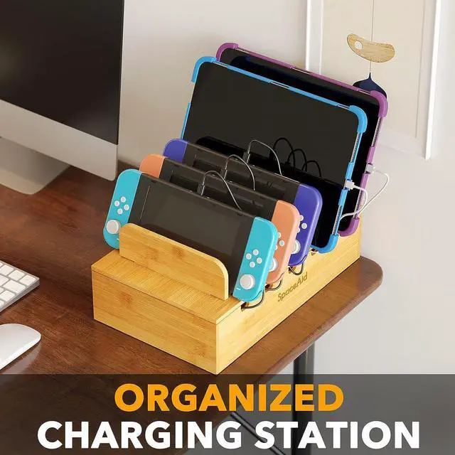 Alt view image 2 of 7 - Bamboo Charging Station for Multiple Devices Cell Phone Docking Stations for Multi Laptop Tablets and iPads Nightstand Bedside Desk Device Charger Organizer (Natural)