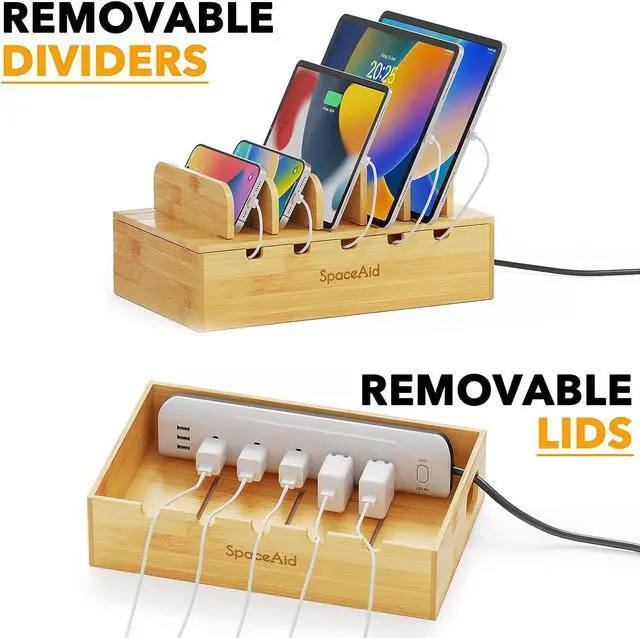Alt view image 3 of 7 - Bamboo Charging Station for Multiple Devices Cell Phone Docking Stations for Multi Laptop Tablets and iPads Nightstand Bedside Desk Device Charger Organizer (Natural)