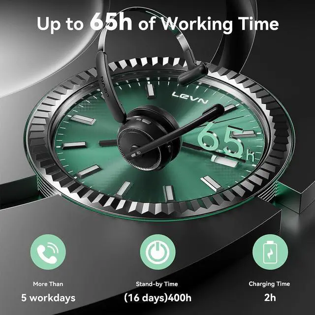 Alt view image 5 of 7 - LEVN Wireless Headset for Work, Bluetooth Headset with Noise Canceling Microphone, 65 Hours Woktime & Mute Button, Wireless Headset with Charging Base, Suitable for Call Center/Office/Work from Home