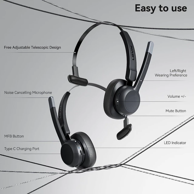 Alt view image 5 of 6 - Trucker Headset, Trucker Bluetooth Headset with Noise Cancelling Microphone & Mute Button, Bluetooth Headsets V5.2 Multipoint for Work from Home/Cell Phone/Computer/Zoom/Teams/Truck Driver