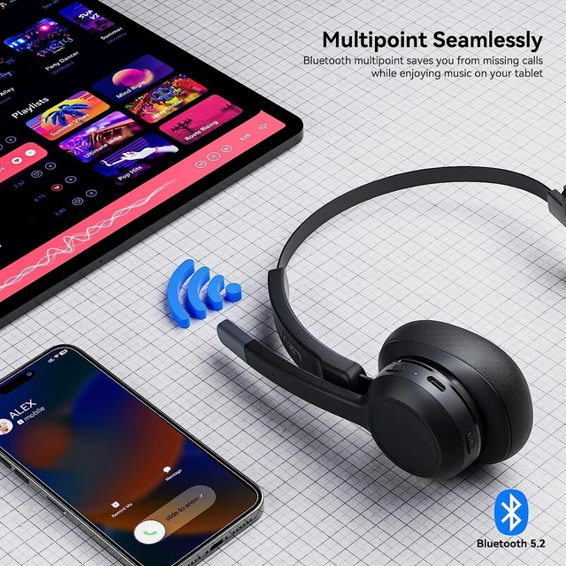 Alt view image 4 of 6 - Trucker Headset, Trucker Bluetooth Headset with Noise Cancelling Microphone & Mute Button, Bluetooth Headsets V5.2 Multipoint for Work from Home/Cell Phone/Computer/Zoom/Teams/Truck Driver