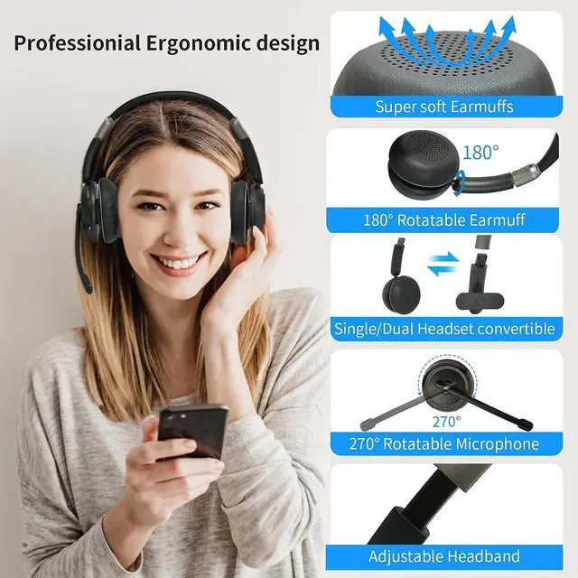 Alt view image 5 of 7 - Bluetooth Headset with Microphone V5.2 Single and Dual Ear Wireless Headphones with AI Noise Cancelling for Cell Phone Laptop Trucker Home Office Call Center Zoom Online Class
