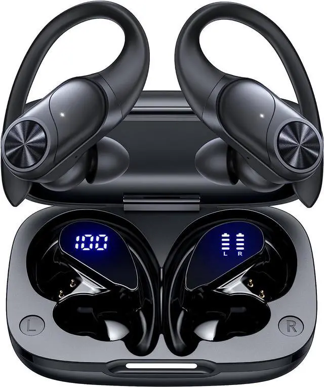 Main image of Bluetooth Headphones Wireless Earbuds 80hrs Playtime Wireless Charging Case Digital Display Sports Ear Buds with Earhook Deep Bass IPX7 Waterproof Over-Ear Earphones for TV Phone Laptop Black