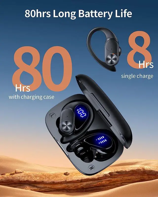 Alt view image 3 of 7 - 2 Sets Bluetooth Headphones Wireless Earbuds 80hrs Playtime Wireless Charging Case Sports Ear buds with Earhook Premium Deep Bass IPX7 Waterproof Over-Ear Earphones for TV Phone Laptop Black and Blue