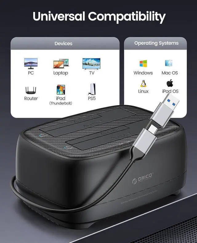 Alt view image 5 of 7 - External Hard Drive Dock Duplicator Cloner USB 3.2 Gen 1 to SATA for 2.5 3.5 Seagate Samsung WD Crucial SanDisk SSD HDD Dual Drive Bay 40TB for PS5 Xbox PC Laptop Devices (DD28C3-C)