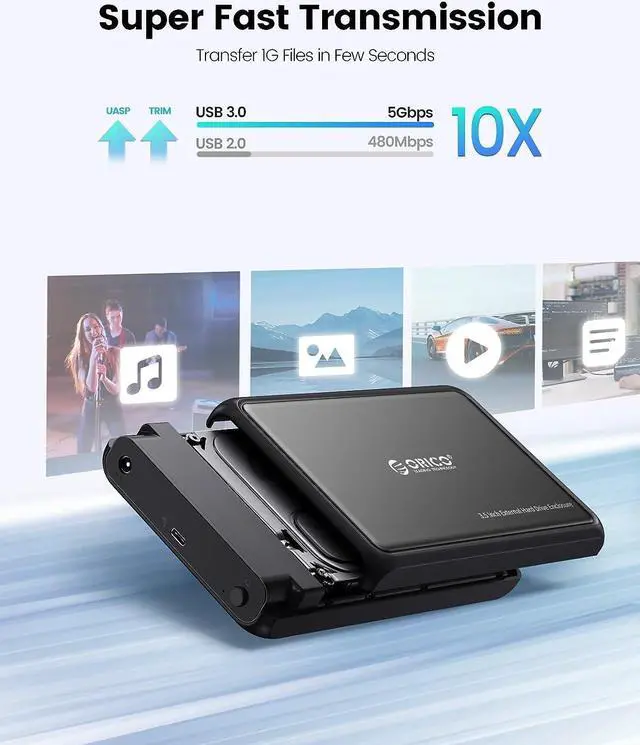 Alt view image 3 of 6 - 3.5 Hard Drive Enclosure SATA to USB C for 3.5 2.5 Seagate Samsung WD Crucial SanDisk HDD SSD ABS+Metal Shell Support UASP&Trim Up to 20TB Carry 2-in-1 USB C to USB C/A Cable (DDL35C3)