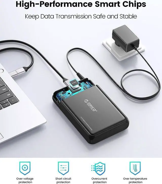 Alt view image 4 of 6 - 3.5 Hard Drive Enclosure SATA to USB C for 3.5 2.5 Seagate Samsung WD Crucial SanDisk HDD SSD ABS+Metal Shell Support UASP&Trim Up to 20TB Carry 2-in-1 USB C to USB C/A Cable (DDL35C3)