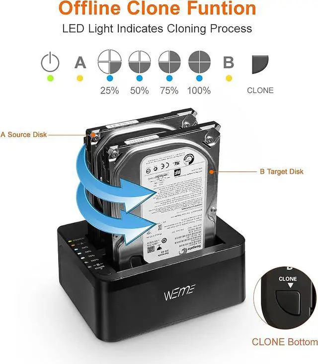 Alt view image 3 of 7 - WEme USB 3.0 to SATA Dual-Bay External Hard Drive Docking Station with Offline Clone/Duplicator Function for 2.5 & 3.5 Inch HDD SSD SATA (SATA I/II/III) Support 2X 8TB & UASP, Tool-Free