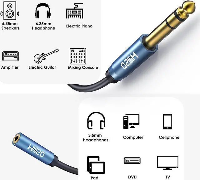 Alt view image 4 of 7 - 1/4 to 3.5mm Headphone Adapter TRS 6.35mm 1/4 Male to 3.5mm 1/8 Female Stereo Jack Audio Adapter for Amplifiers Guitar Keyboard Piano Home Theater Mixing Console Headphones - 12inch/30CM