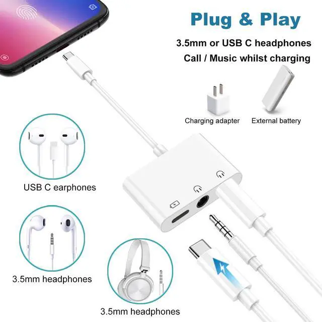 Alt view image 2 of 7 - USB TYPE C to 3.5mm Headphone and Charge Adapter 3-in-1 Type C to Dual Aux Audio Jack and Fast Charging Dongle Cable Compatible with Galaxy S23 Ultra S22 S21 S20 Note 20 iPad Pro Pixel 7 Plug and Play