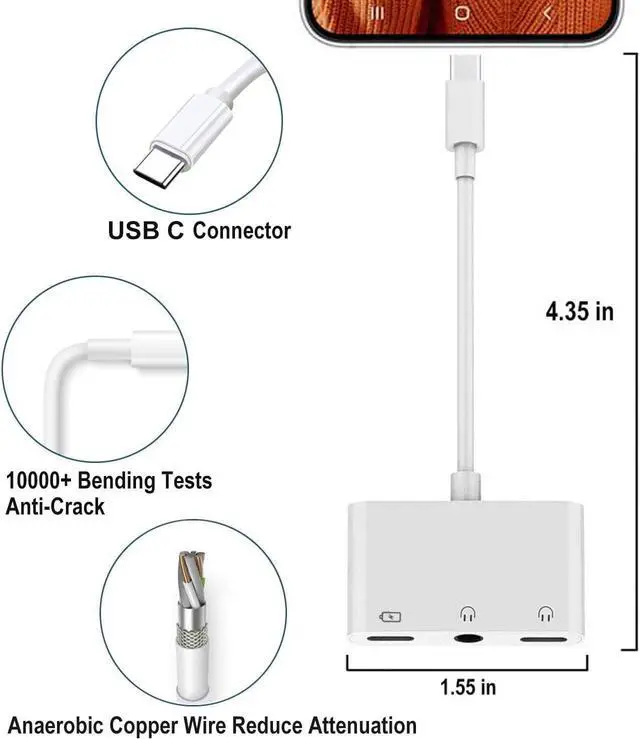 Alt view image 7 of 7 - USB TYPE C to 3.5mm Headphone and Charge Adapter 3-in-1 Type C to Dual Aux Audio Jack and Fast Charging Dongle Cable Compatible with Galaxy S23 Ultra S22 S21 S20 Note 20 iPad Pro Pixel 7 Plug and Play