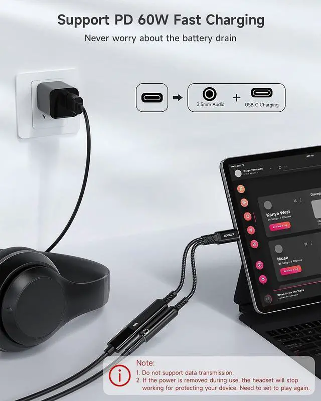 Alt view image 3 of 7 - USB C to 3.5mm Audio Adapter and Charger 2 in 1 Type C to Aux Headphone Jack Dongle Cable Cord with PD 60W Fast Charging for iPhone 16/15 Galaxy S25/S24/S23 Ultra iPad Pro Pixel (Black)