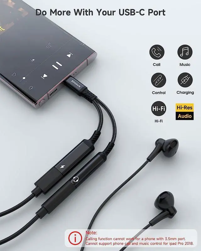 Alt view image 2 of 7 - USB C to 3.5mm Audio Adapter and Charger 2 in 1 Type C to Aux Headphone Jack Dongle Cable Cord with PD 60W Fast Charging for iPhone 16/15 Galaxy S25/S24/S23 Ultra iPad Pro Pixel (Black)