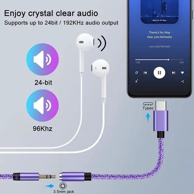 Alt view image 4 of 7 - 2-Pack USB C to 3.5mm Audio Adapter Female Type C to Headphone Android Aux Jack Dongle Cable Braided Cord for Samsung Galaxy A54 A14 A13 A03s A34 S23 S22 Ultra S21 Google Pixel 7pro 7 6a 6 iPad Pro