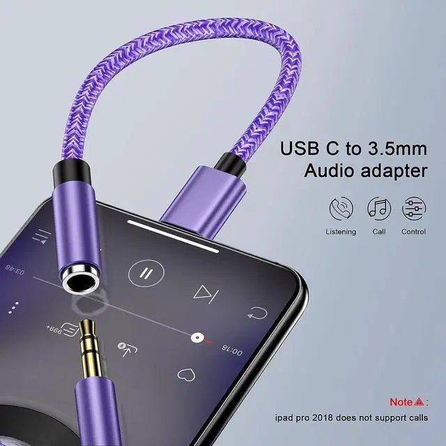 Alt view image 2 of 7 - 2-Pack USB C to 3.5mm Audio Adapter Female Type C to Headphone Android Aux Jack Dongle Cable Braided Cord for Samsung Galaxy A54 A14 A13 A03s A34 S23 S22 Ultra S21 Google Pixel 7pro 7 6a 6 iPad Pro