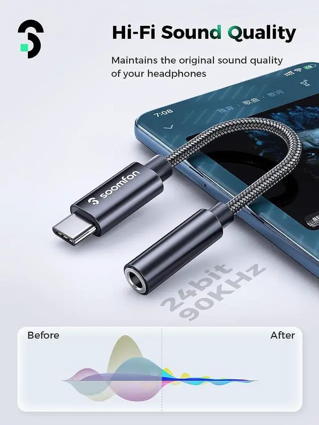 Alt view image 6 of 7 - USB C to 3.5mm Audio Headphone Adapter USB Type C to Aux Female Headphone Jack Adapter Hi-Res DAC Dongle Cable for Samsung Galaxy S21 S20 Ultra Pixel 4 3 2 XL iPad Pro and More Black