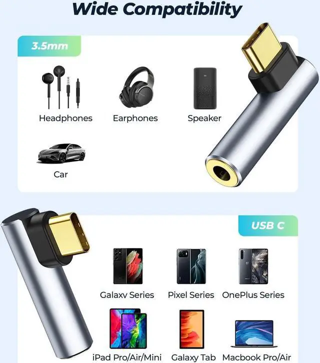 Alt view image 6 of 7 - [2 Pack] USB C To 3.5mm Audio Adapter USB Type C To 3.5mm Female Headphone Jack Dongle Aux Adapter DAC Stereo HiFi Right Angle for iPhone 15 Pro Max/Pro/Plus iPad Pro Air 5 4 Galaxy S24 Ultra/ S23+