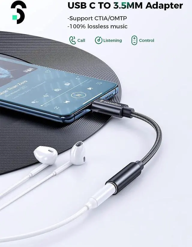 Alt view image 2 of 7 - USB C to 3.5mm Audio Headphone Adapter USB Type C to Aux Female Headphone Jack Adapter Hi-Res DAC Dongle Cable for Samsung Galaxy S21 S20 Ultra Pixel 4 3 2 XL iPad Pro and More Black
