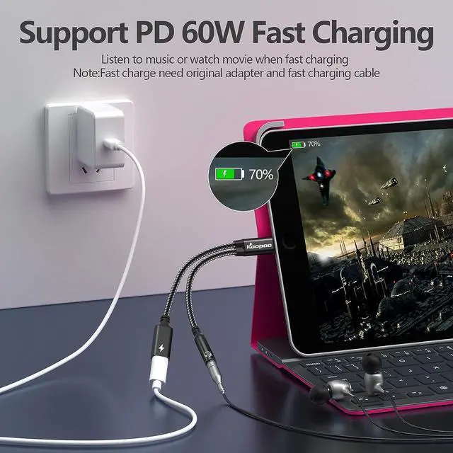 Alt view image 3 of 7 - 2 in 1 USB C to 3.5mm Headphone and Charger Adapter-USB C to 3.5 Headphone Jack Adapter USB C PD 3.0 Quick Charging Port 60W Fast Charge Cable compatible for sam-sung Galaxy S23 S23+ S23 Ultra