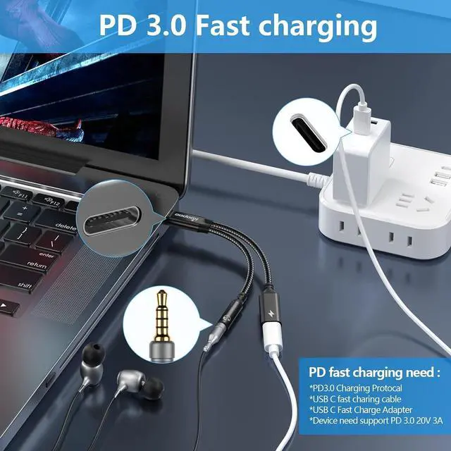 Alt view image 6 of 7 - 2 in 1 USB C to 3.5mm Headphone and Charger Adapter-USB C to 3.5 Headphone Jack Adapter USB C PD 3.0 Quick Charging Port 60W Fast Charge Cable compatible for sam-sung Galaxy S23 S23+ S23 Ultra