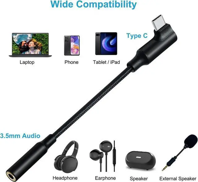 Alt view image 2 of 7 - Angled USB Type C to 3.5mm Audio Adapter Headphone Jack USBc 3.5 mm Cable Aux to USB-C Cord Male Female Dongle DAC Chip for Android Phone Tablet Laptop Speaker Microphone Car Stereo Black