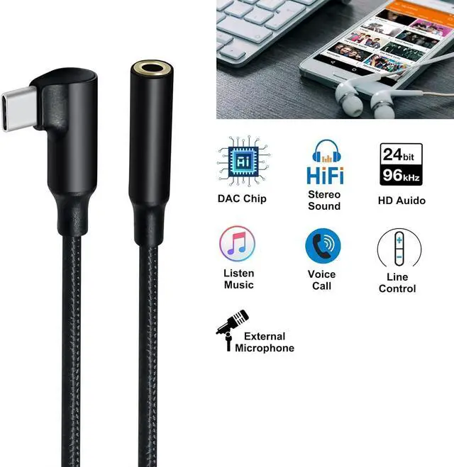 Alt view image 3 of 7 - Angled USB Type C to 3.5mm Audio Adapter Headphone Jack USBc 3.5 mm Cable Aux to USB-C Cord Male Female Dongle DAC Chip for Android Phone Tablet Laptop Speaker Microphone Car Stereo Black