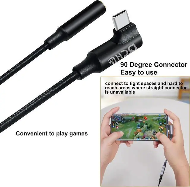 Alt view image 4 of 7 - Angled USB Type C to 3.5mm Audio Adapter Headphone Jack USBc 3.5 mm Cable Aux to USB-C Cord Male Female Dongle DAC Chip for Android Phone Tablet Laptop Speaker Microphone Car Stereo Black