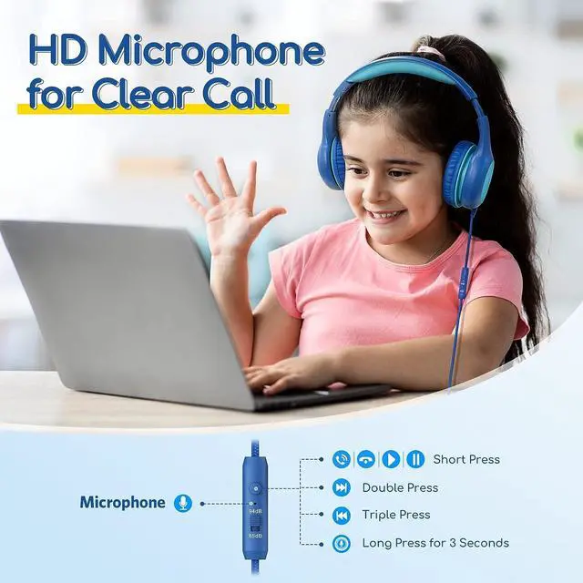Alt view image 2 of 7 - Kids Headphones Wired with Microphone 85/94dB Volume Limit Headphones for Kids Portable Wired Headphones with Shareport Stereo Sound Foldable Headset for School/Tablet/iPad/Kindle Blue Green