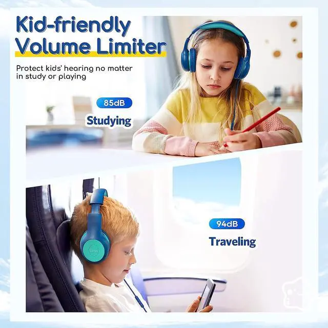Alt view image 5 of 7 - Kids Headphones Wired with Microphone 85/94dB Volume Limit Headphones for Kids Portable Wired Headphones with Shareport Stereo Sound Foldable Headset for School/Tablet/iPad/Kindle Blue Green