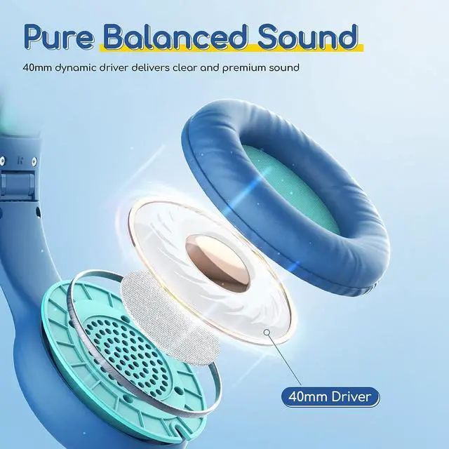Alt view image 6 of 7 - Kids Headphones Wired with Microphone 85/94dB Volume Limit Headphones for Kids Portable Wired Headphones with Shareport Stereo Sound Foldable Headset for School/Tablet/iPad/Kindle Blue Green