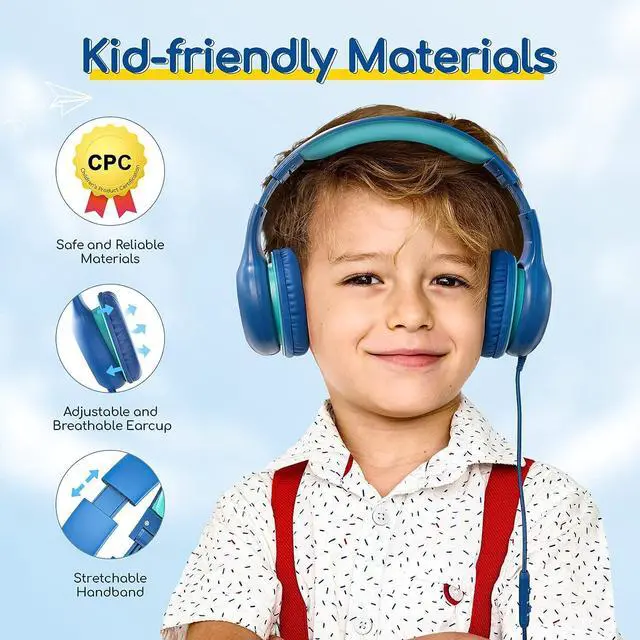 Alt view image 4 of 7 - Kids Headphones Wired with Microphone 85/94dB Volume Limit Headphones for Kids Portable Wired Headphones with Shareport Stereo Sound Foldable Headset for School/Tablet/iPad/Kindle Blue Green