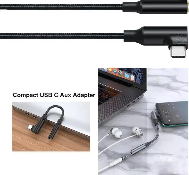Alt view image 6 of 7 - Angled USB Type C to 3.5mm Audio Adapter Headphone Jack USBc 3.5 mm Cable Aux to USB-C Cord Male Female Dongle DAC Chip for Android Phone Tablet Laptop Speaker Microphone Car Stereo Black