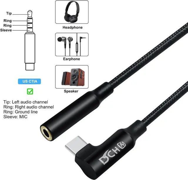 Alt view image 7 of 7 - Angled USB Type C to 3.5mm Audio Adapter Headphone Jack USBc 3.5 mm Cable Aux to USB-C Cord Male Female Dongle DAC Chip for Android Phone Tablet Laptop Speaker Microphone Car Stereo Black